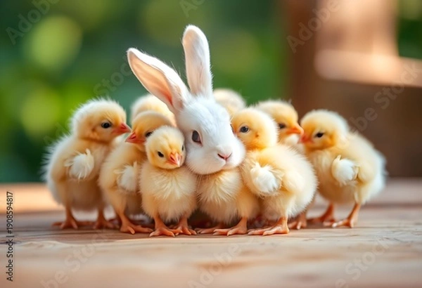 Obraz A Rabbit surrounded by baby chickens