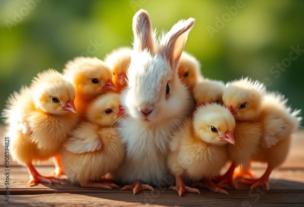 Obraz A Rabbit surrounded by baby chickens