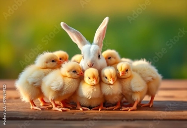 Obraz A Rabbit surrounded by baby chickens