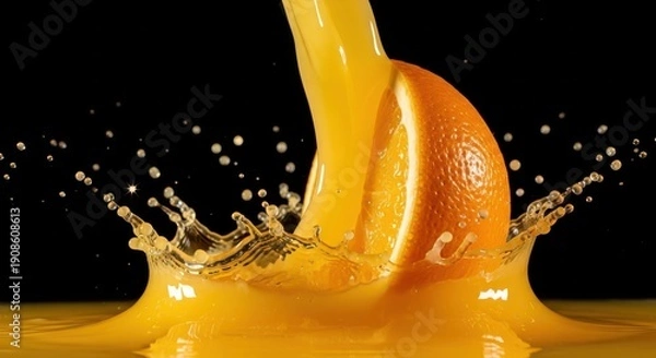 Obraz Orange Slice Splashing into Orange Juice