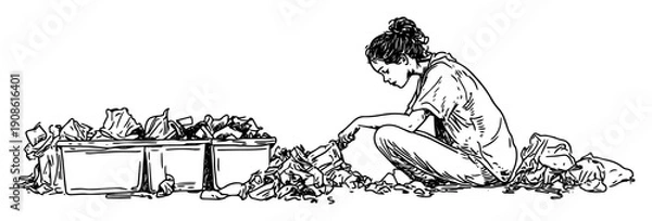 Fototapeta homeless woman sorting through garbage