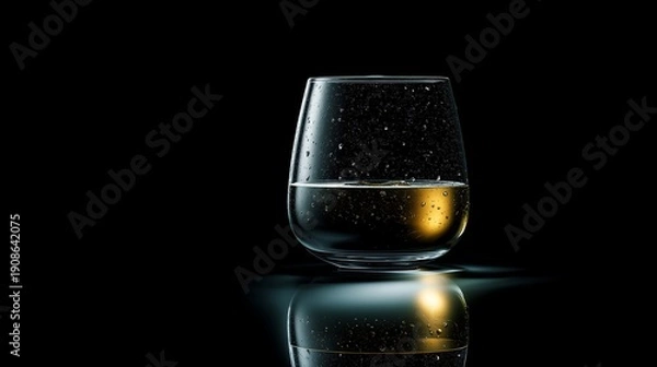 Fototapeta Golden Sparkling Beverage with Bubbles and Reflection