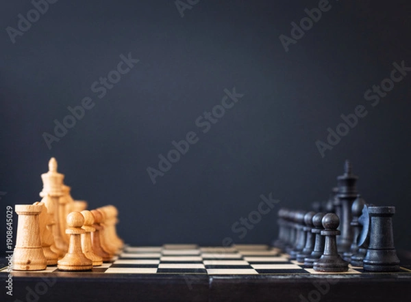 Obraz chess pieces on a chessboard on a dark background