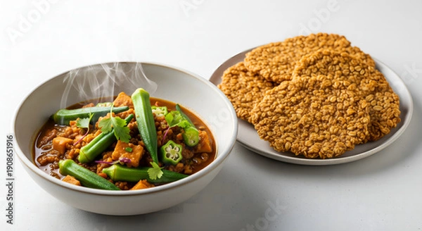 Obraz Okra & Kohlrabi Stew & Crispy Oat Flatbread ., on sold white background