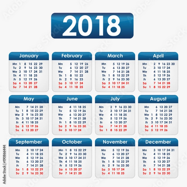 Fototapeta Calendar on a grey background with blue elements for 2018