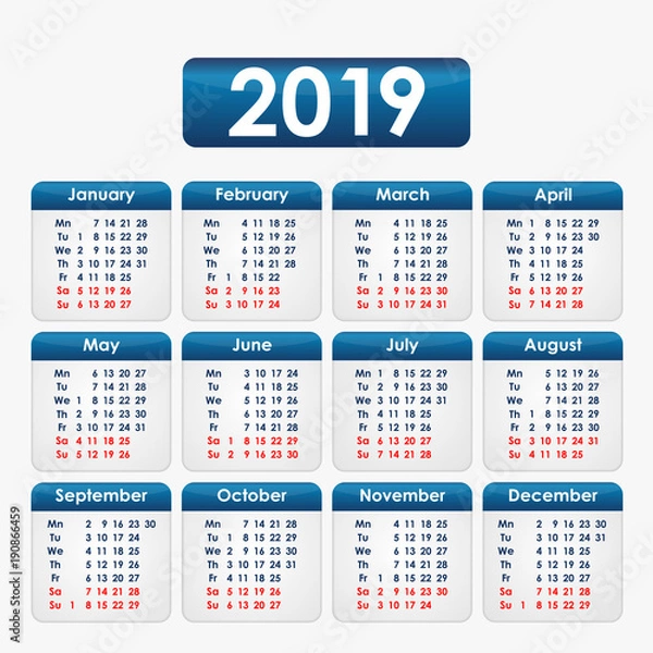 Fototapeta Calendar on a grey background with blue elements for 2019