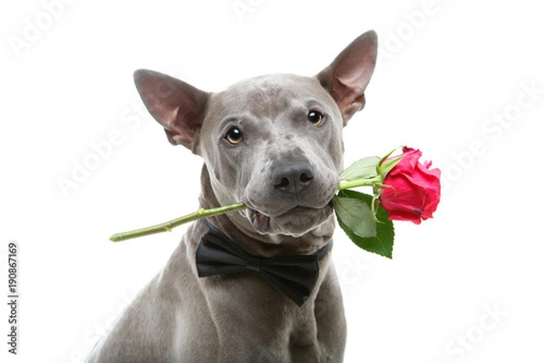 Obraz dog in bowtie holding rose in mouth