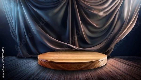 Obraz elegant wooden display platform with draped fabric on dark background