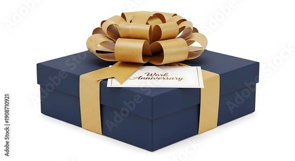 Obraz Work Anniversary Present Gift Box Blue Gold Isolated