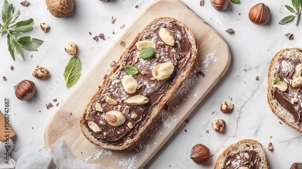 Obraz Delicious hazelnut spread toast with nuts and mint on marble surface