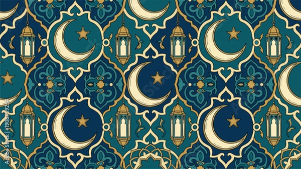 Obraz Islamic Pattern Seamless Background - Ramadan Lanterns & Crescent Moons for Festive Decor
