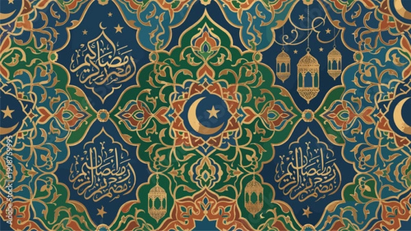 Obraz Islamic Pattern Background with Arabic Calligraphy & Ramadan Lanterns for Festive Design
