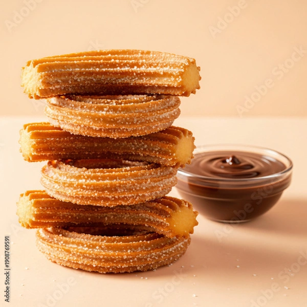 Obraz Gourmet Churro Stack with Chocolate Dip on Pastel Peach Background