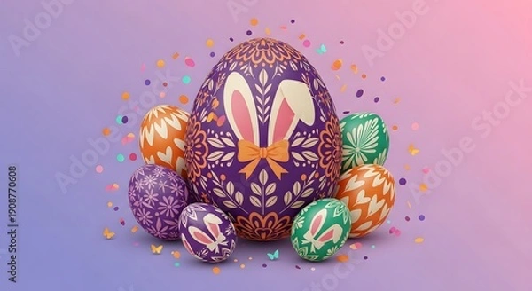 Obraz Colorful decorated Easter eggs with bunny ears and patterns on a festive gradient background