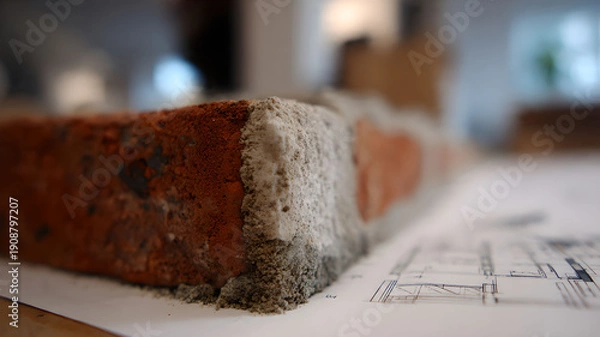 Fototapeta Brick with Mortar on Blueprint