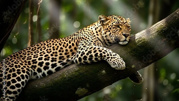 Obraz Leopard resting peacefully on tree branch in forest