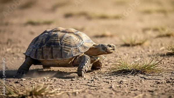 Obraz Tortoise walking on dry desert ground with sparse grass