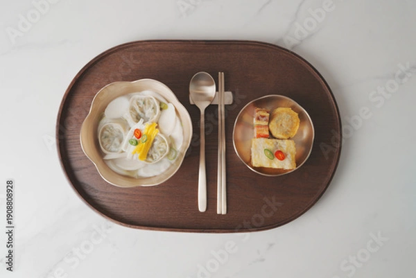 Fototapeta 한국 설날 명절 떡국, 놋그릇에 담긴 설 떡국과 명절 전, 우드 트레이
