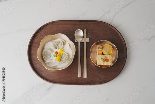 Fototapeta 한국 설날 명절 떡국, 놋그릇에 담긴 설 떡국과 명절 전, 우드 트레이
