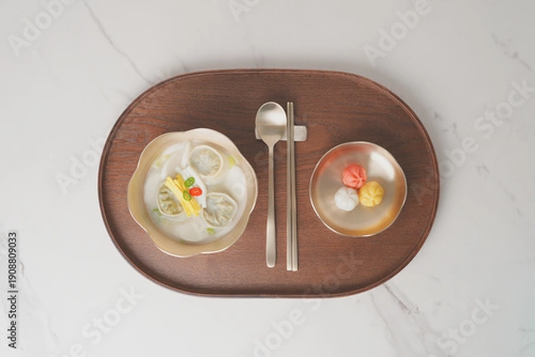 Fototapeta 한국 설날 명절 떡국, 놋그릇에 담긴 설 떡국과 디저트 송편 방울떡