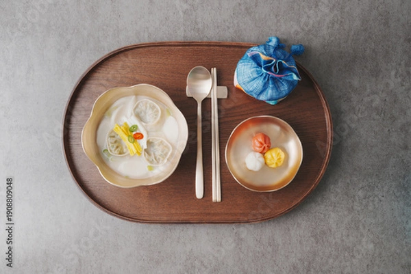 Fototapeta 한국 설날 명절 떡국, 놋그릇에 담긴 설 떡국과 송편 방울떡, 복주머니, 우드 트레이