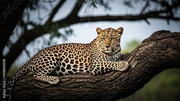 Obraz Majestic leopard resting on tree branch in forest