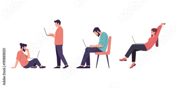 Fototapeta Digital Workers Postures Remote Work Flexibility Vector Illustration