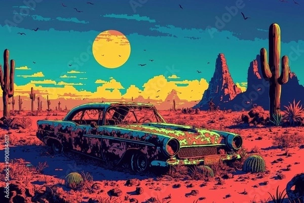 Obraz Deteriorated custom vehicle surrounded by cacti. 