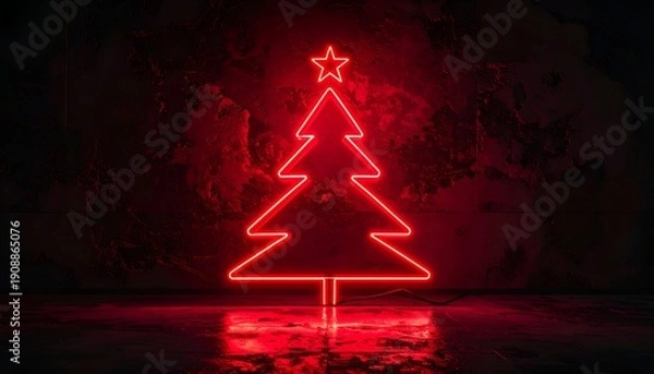 Obraz Red neon Christmas tree against textured wall, casting glow