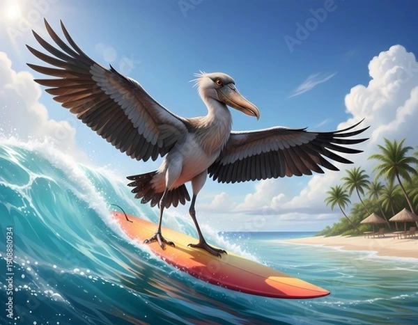 Obraz 美しい南の海でサーフィンしているハシビロコウ