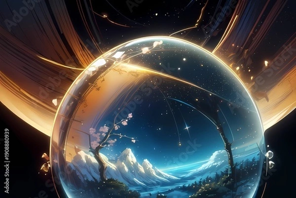 Obraz ゲーム背景　地平線の先にある水晶玉に森が閉じ込められた異世界宇宙