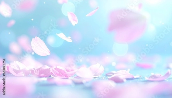 Obraz 桜吹雪、青色背景に桜の花びらが舞うクローズアップ