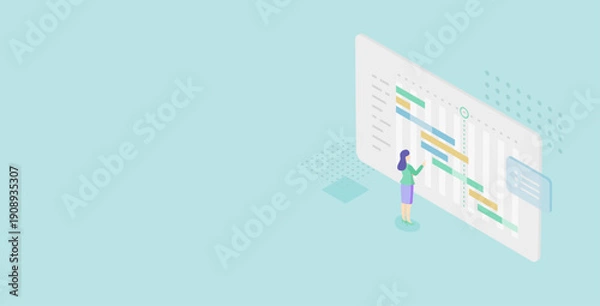 Fototapeta ガントチャートでプロジェクト進捗を確認する女性マネージャーのアイソメトリックベクターイラスト（スケジュール管理・タスク管理）