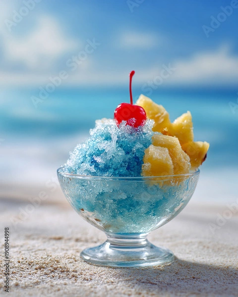 Obraz 夏の海の砂浜で食べるかき氷