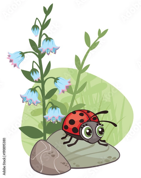 Fototapeta Cartoon corner design with ladybug and blue flowers Vector Illustration Isolated on White