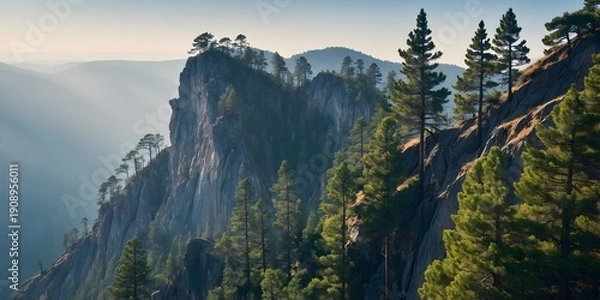 Obraz Sunbeams on massive granite wall fog