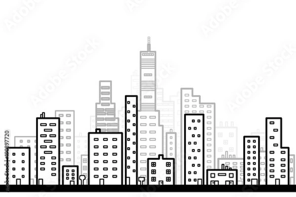 Fototapeta Line art of modern city background with skyscrapers in flat design style