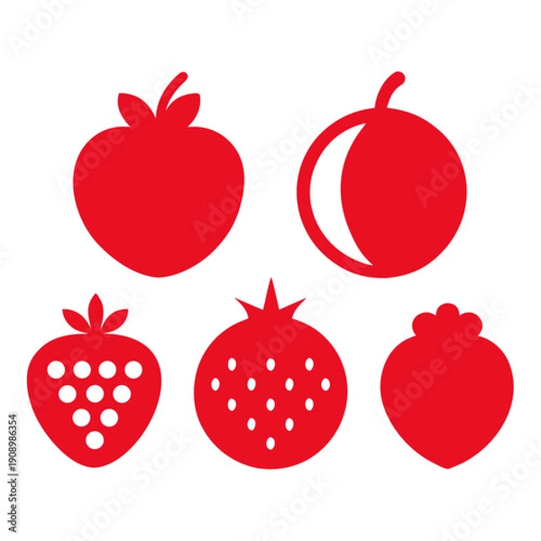 Obraz Flat Red Fruit Icon Set - Apple, Strawberry, Cherry