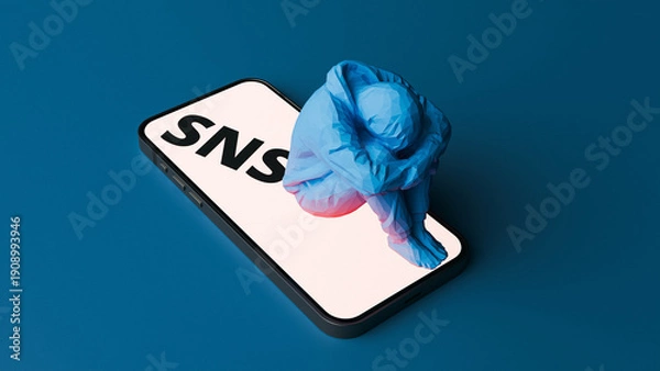 Obraz Depressed person sitting on smartphone screen with SNS text. 3d rendering