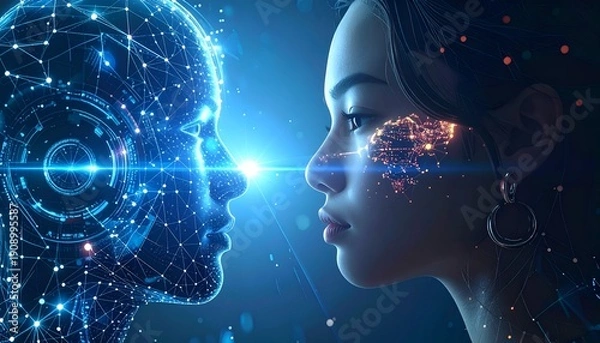 Obraz A human faces an AI with glowing network; their faces are close, light shines between