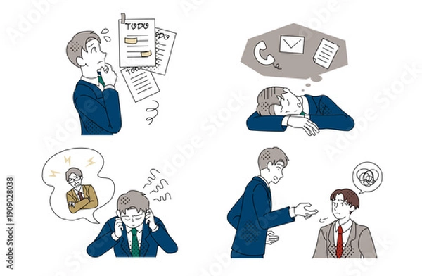 Obraz Overworked Businessman Facing Tasks and Communication Problems Illustration Set