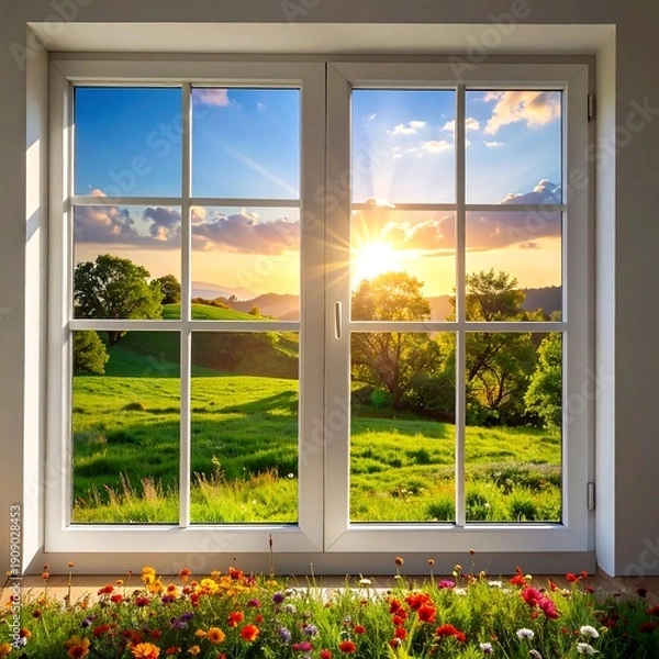 Obraz A serene landscape viewed through a white-framed window