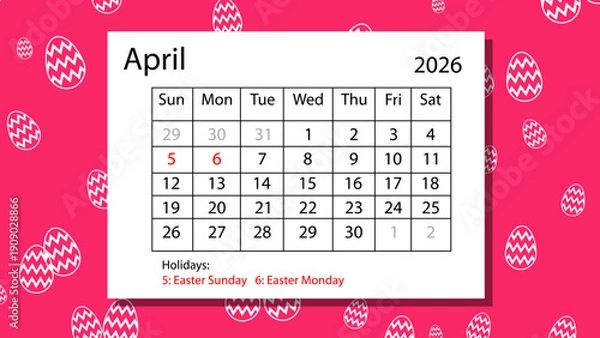 Obraz April 2026 Easter Day Calendar Design on easter eggs Background Vector Art