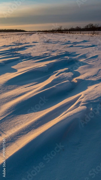 Obraz Snow-covered field with shadows under a cloudy sky.