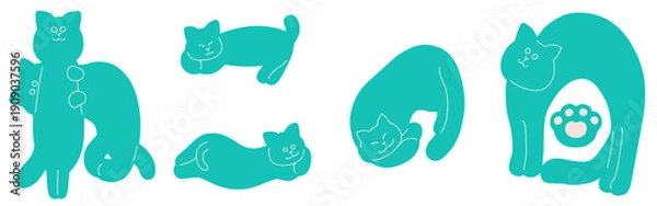 Obraz ねこの日の手描き猫文字イラスト　青緑