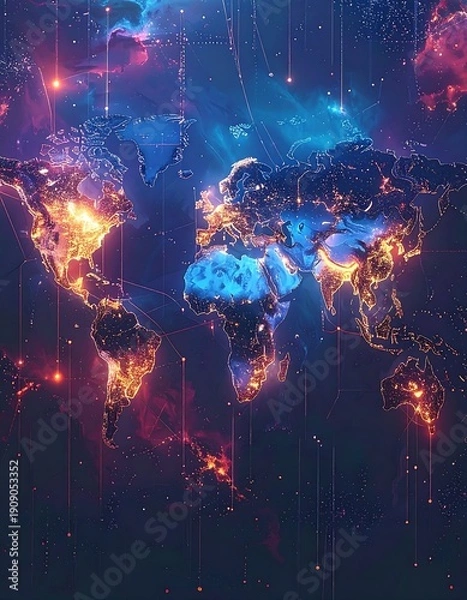 Obraz A vibrant, illuminated world map with glowing lines