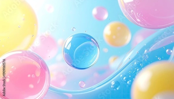 Obraz Colorful, translucent spheres float in bubbly, wavy liquid