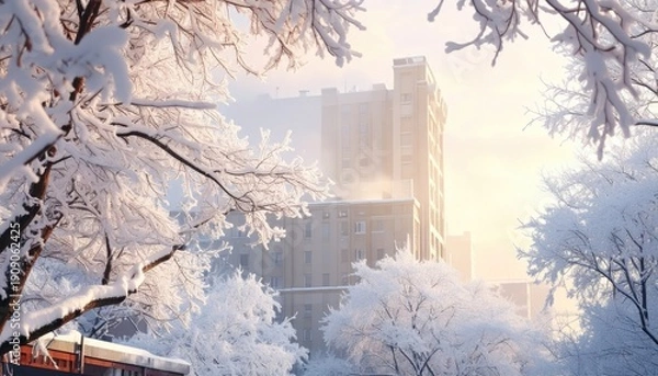 Obraz Soft winter light bathes a snow-covered building and trees