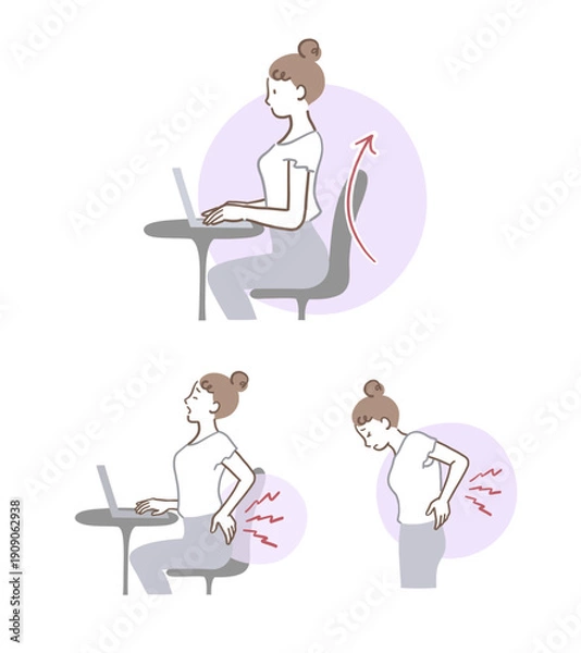 Obraz 反り腰が原因で腰を痛める女性のイラストセット