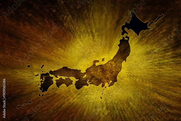 Obraz 	黄金の後光が射す古風で粗い金屏風絵風背景に暗く日本列島シルエットに切り抜かれた地図イメージ